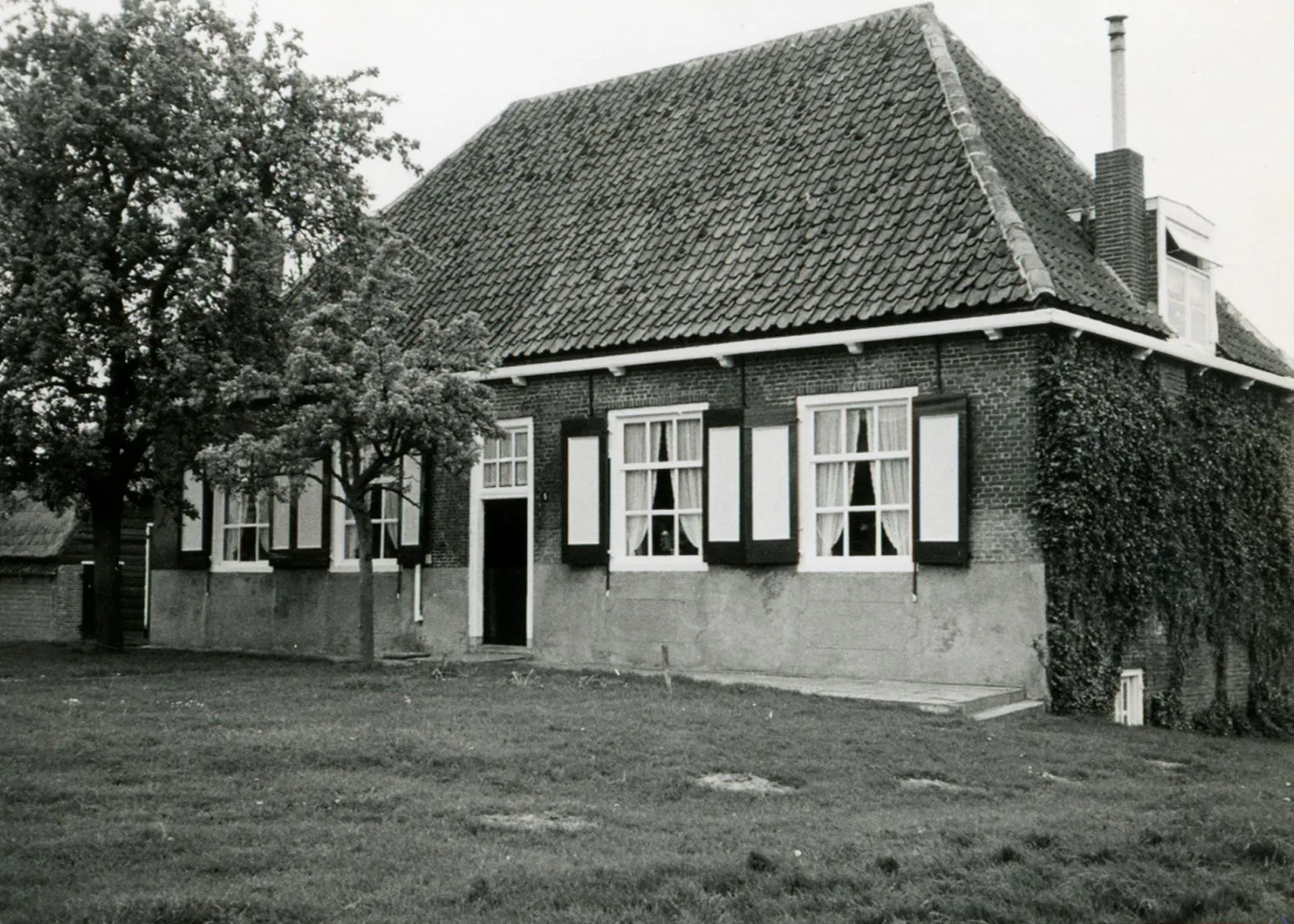 De voorgevel met luiken en klimop
